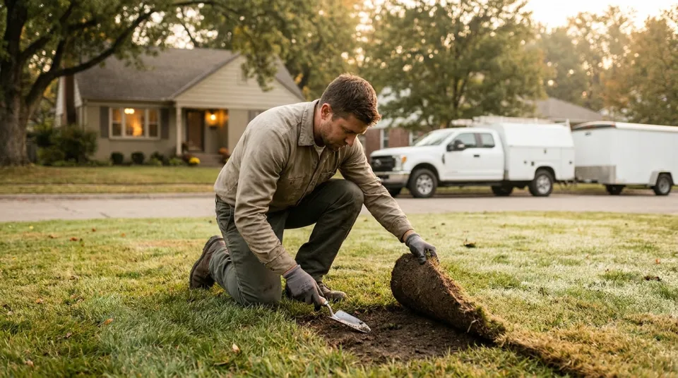 Lawn care technician peeling back a patch of turf to check the soil for grub damage on a residential lawn