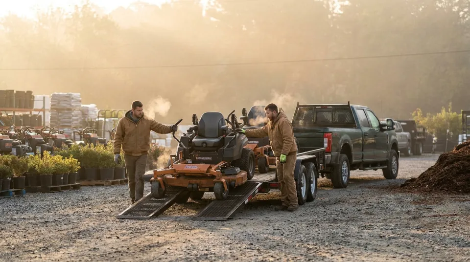 Two landscaping crew members loading zero-turn mowers onto a trailer at dawn, illustrating how crew size drives Service Autopilot license costs