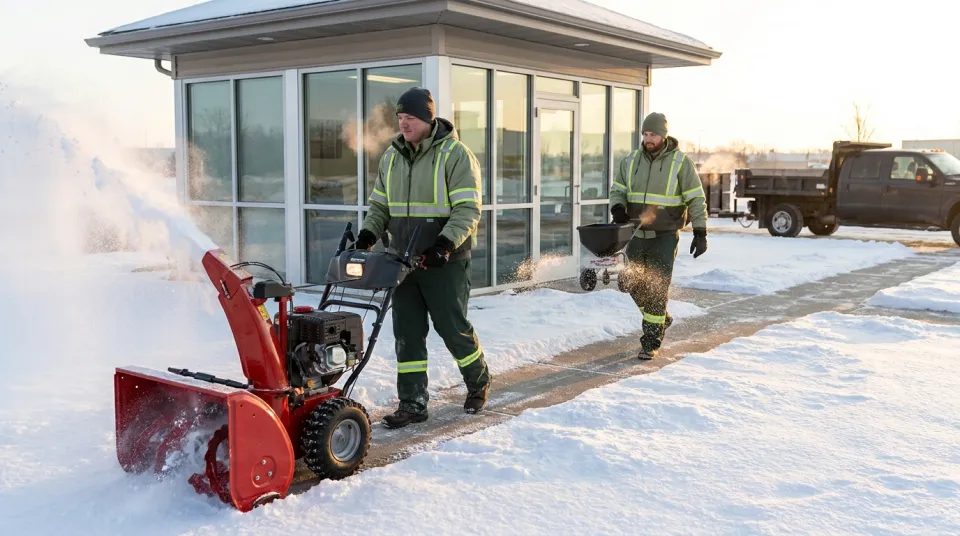 Two-person snow crew clearing an office walkway with a snow blower and spreading ice melt under a seasonal snow removal contract