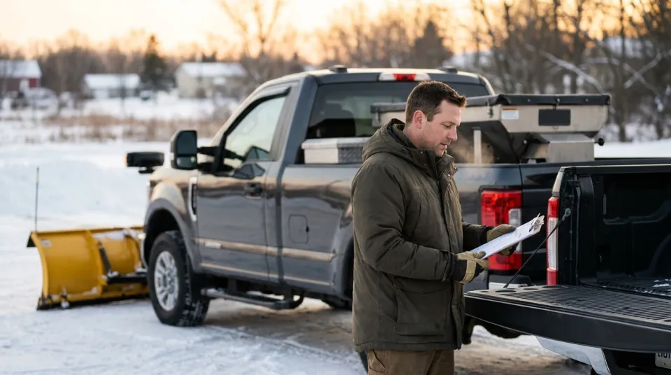Landscaping business owner reviewing a snow removal contract on a clipboard at a work truck tailgate in winter