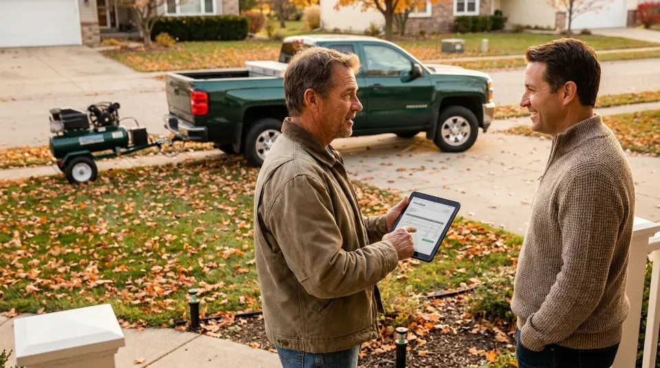 Lawn-care business owner showing a sprinkler winterization invoice on a tablet to a homeowner on a front porch in autumn