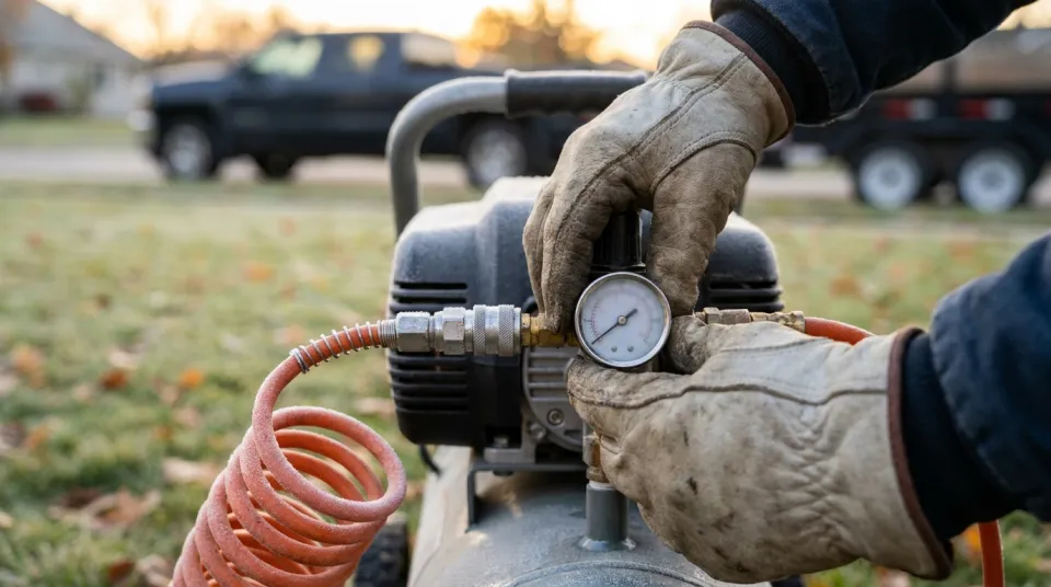 Gloved hands setting the pressure regulator on a portable air compressor to a low psi before a sprinkler blowout