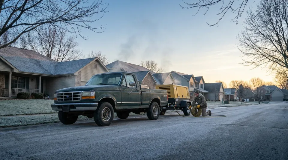 Lawn-care pickup towing a diesel air compressor down a frosty suburban street at dawn during sprinkler blowout season