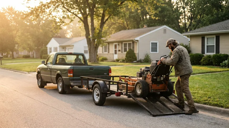 Solo lawn care operator loading a mower onto a trailer at dawn, the one-person operation Yardbook's free plan is built for