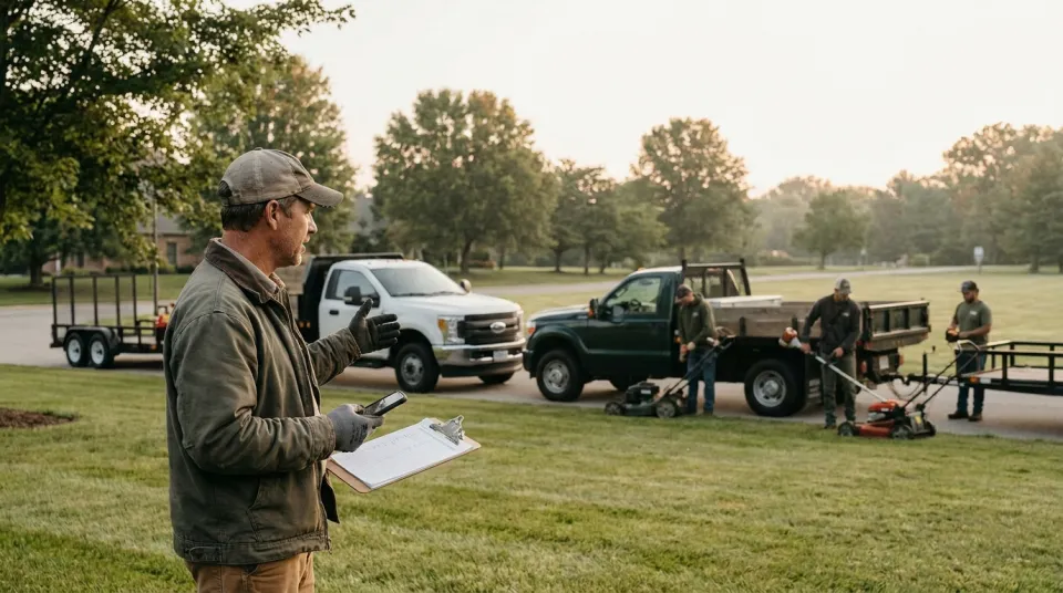 Landscaping crew foreman coordinating two trucks and three crew members at a commercial property