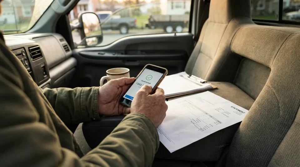 Lawn care business owner checking a paid invoice on a phone in a work truck, weighing subscription cost against payment processing fees